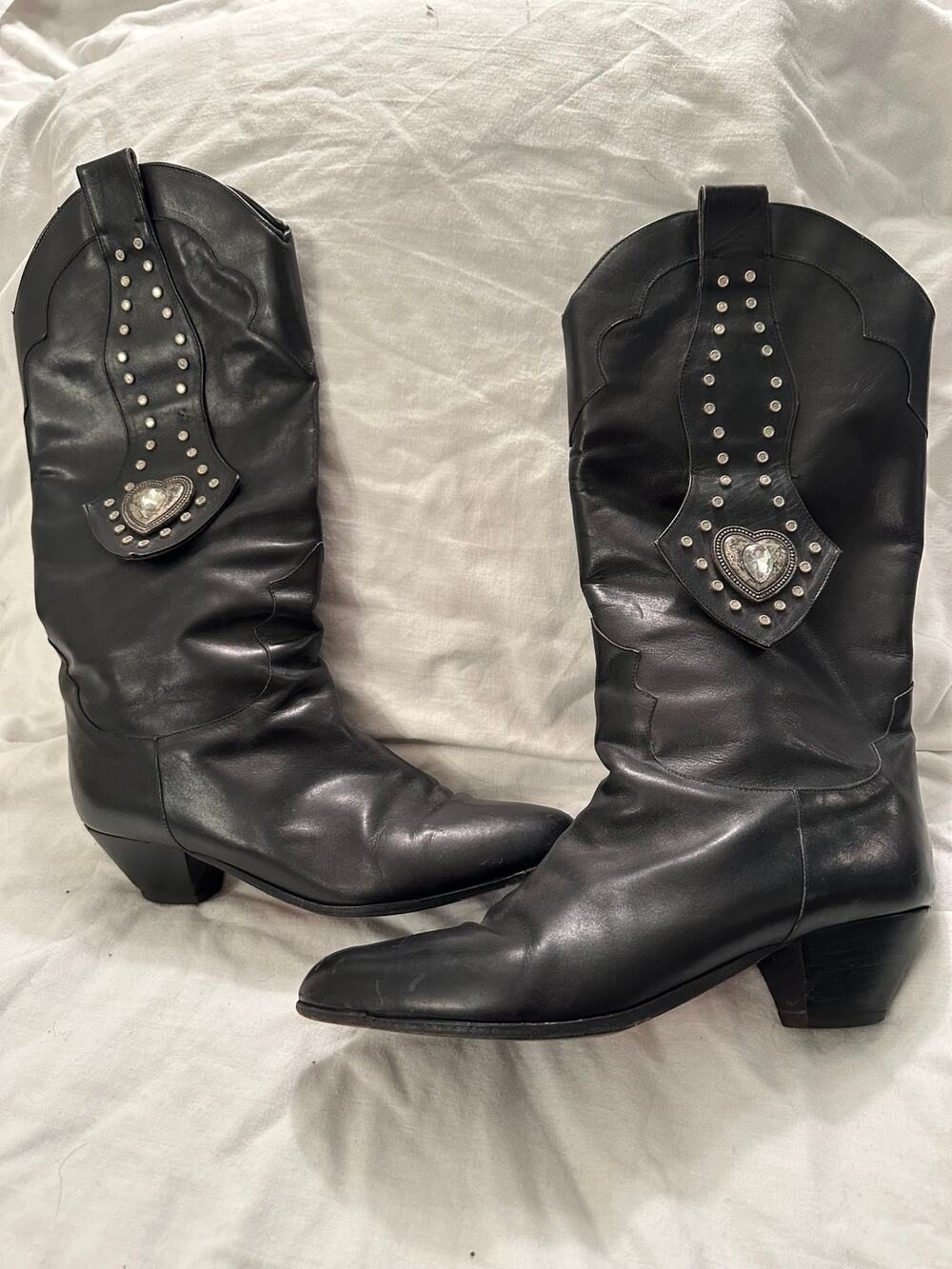 VINTAGE 80's LA MARCA STUDDED JEWELED BLACK LEATHER BOOTS 7.5